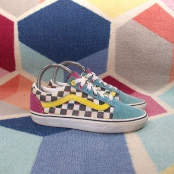 Vans Old Skool Size Crazy Checks BLUE PINK YELLOW Men's 4.5 Women's 6 - Picture 1 of 8
